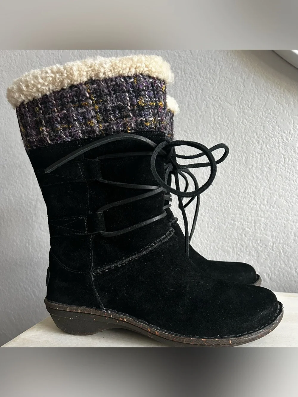 UGG Tanasa Black Suede Lace-Up Shearling Cuff Boots with Tweed Knit, Womens 7.